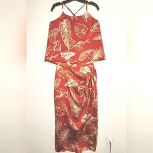 Forever 21 Women's Elegant Satin Leaf Print Crop Camisole & Wrap Midi Skirt EUC